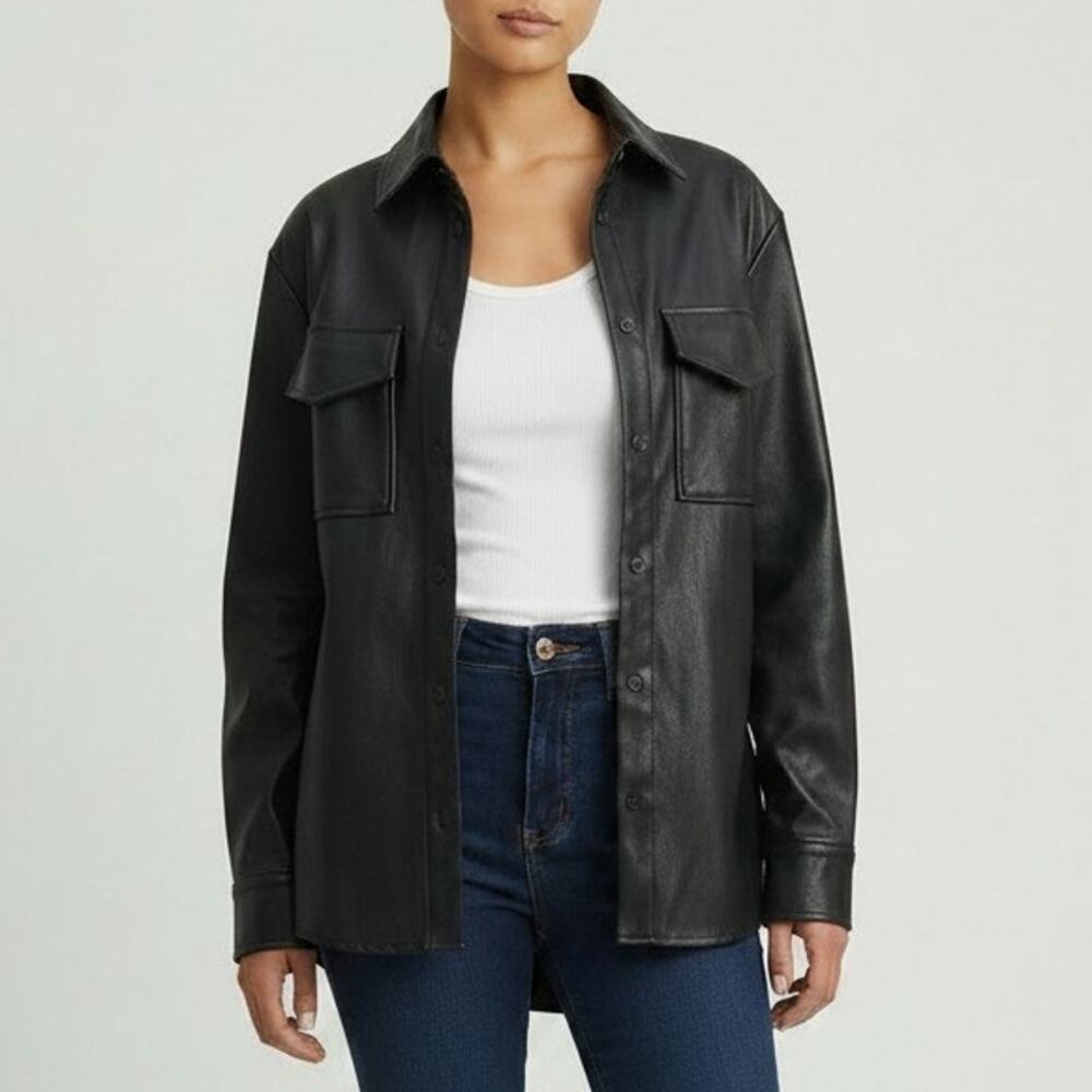 The Drop Shacket Black PU Leather Button Front Flap Pocket Women's Size XXS NWT